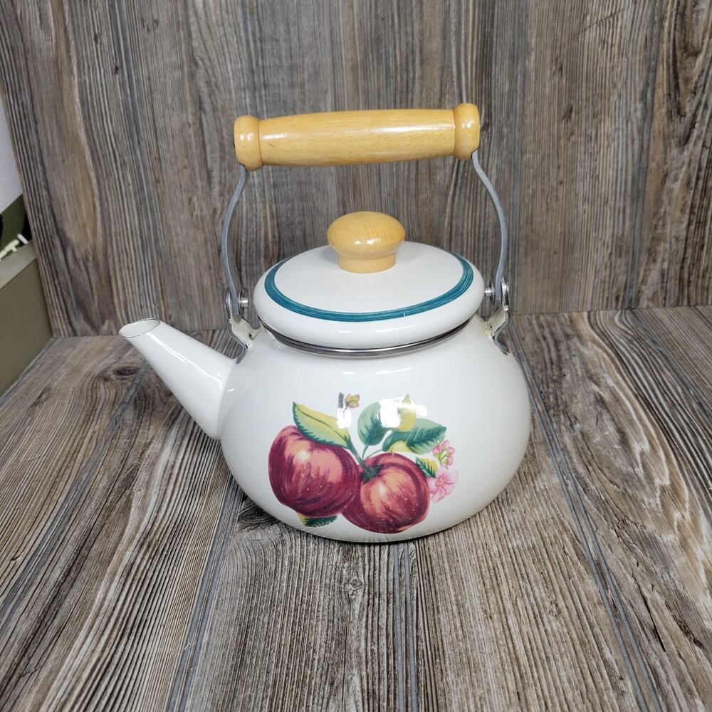 Vintage China Pearl Apple Casuals Enamel Metal Tea Kettle Stovetop Wood Handle